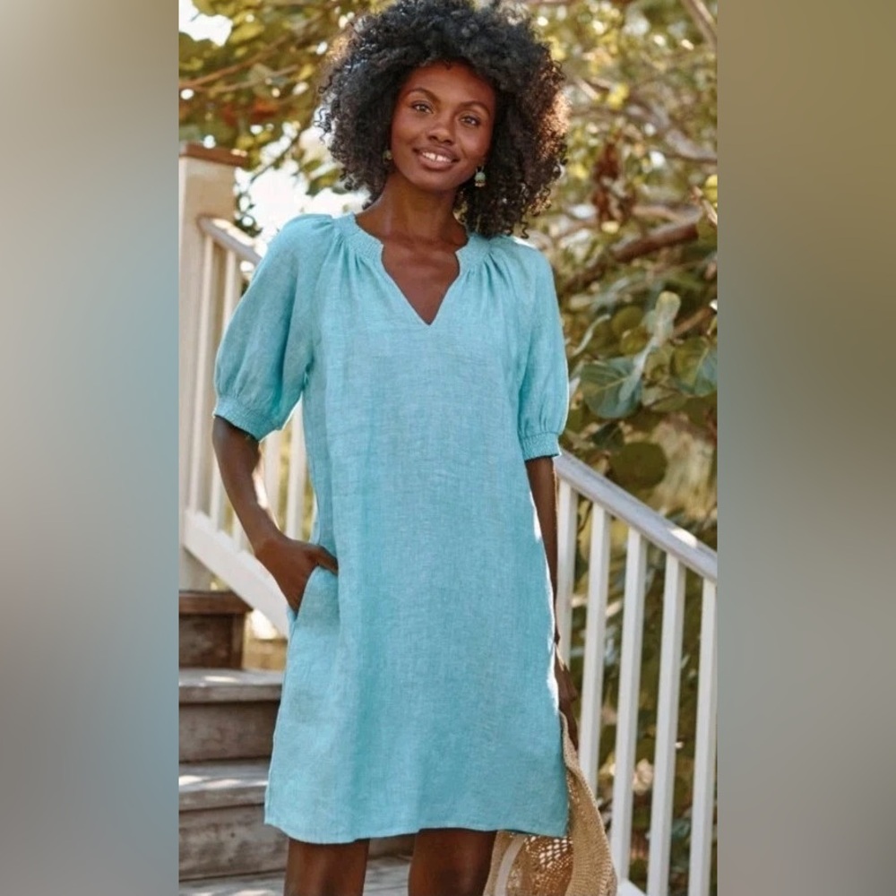 Garnet Hill Women’s Amelia Linen Dress Lt Blue Coastal Grandmother Euro Flax